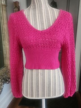 Hot Pink Women's Open-Knit Cropped Sweater